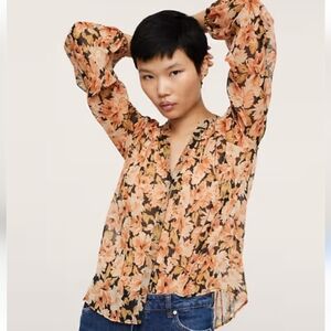 Mango Retro Floral Button-Front Blouse | Orange Sheer Flowy Top | Small
